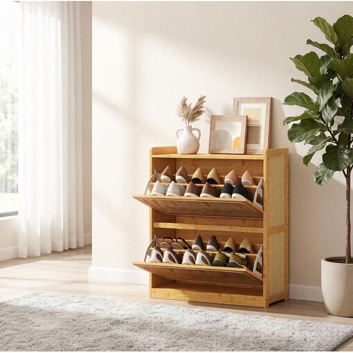 Meuble à chaussures 2 compartiments abattants 14 paires faible profondeur 69 x 29 x 83 cm bambou rotin PE ORVRYN