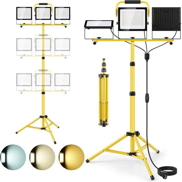 300W Projecteur Led Chantier Avec Trépied 3X100W 30000Lm Projecteur De Chantier 6500K 4500K 3000K Hauteur Réglable De 85-180[CA102]