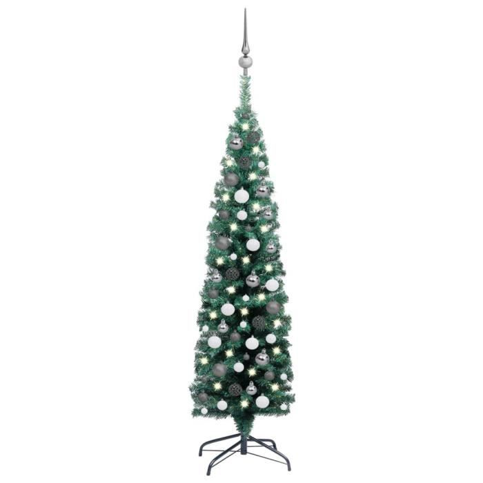 Sapin de Noël artificiel mince et LED et boules Vert 150 cm