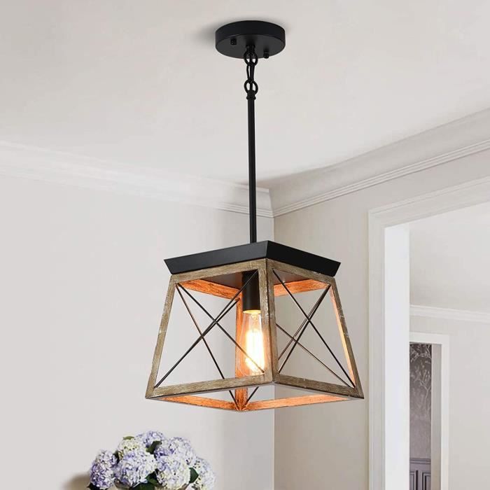 Ganeed Pendentif Lumière Cage en métal de ferme avec suspension en bois lustre lanterne rustique à 1 lumière hauteur réglable E27