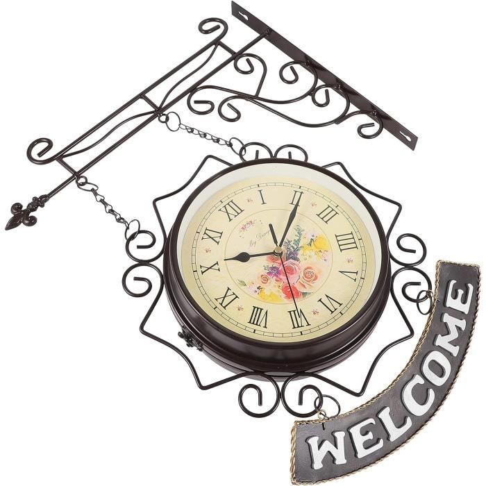 Horloge murale double face en fer forgé - Style rétro - Avec support - Horloge double face - Convient pour l'intérieur (taille C
