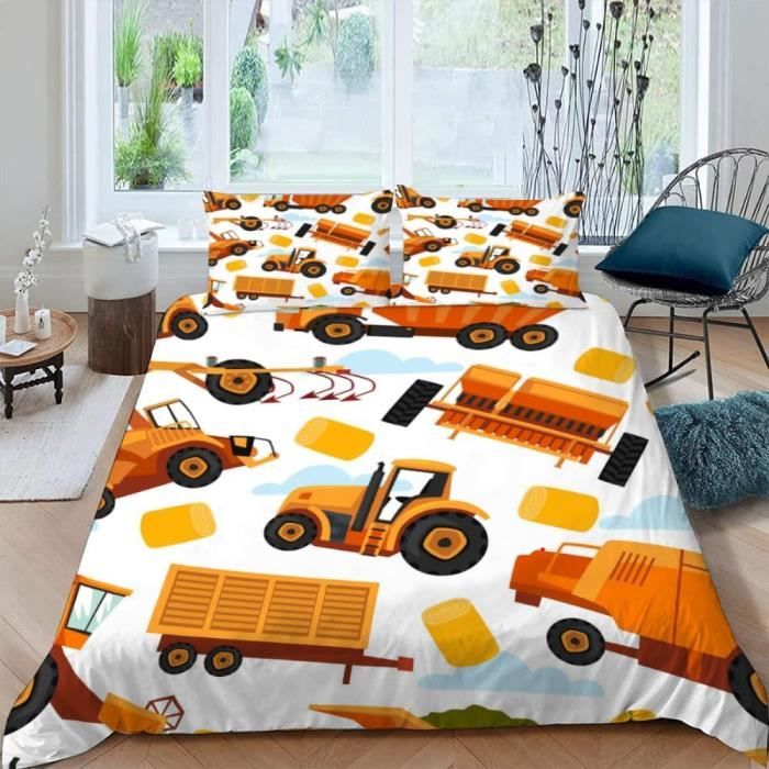 Parure De Lit Enfant Tracteur - Microfibre Douce - Taille Simple 90x190cm - Motif Bleu Véhicules