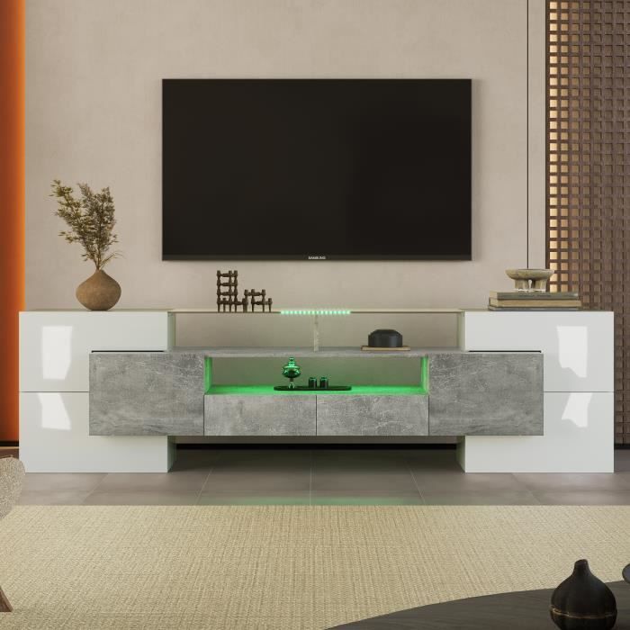meuble tv - 200 cm l - élégant - lowboard - blanc brillant - éclairage led - surface en verre - gris