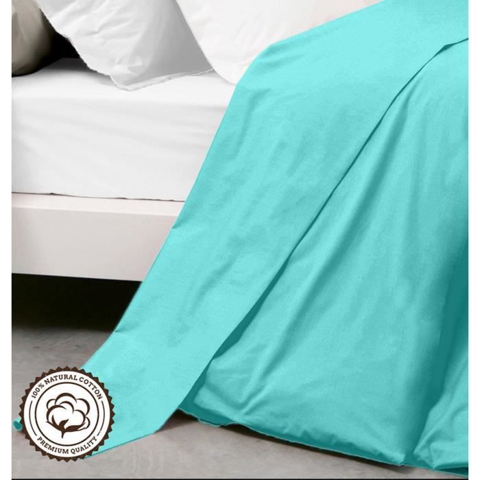  Drap Plat - Turquoise - 240x300 cm - 100% Coton - 2 Personnes - Lavable en machine 