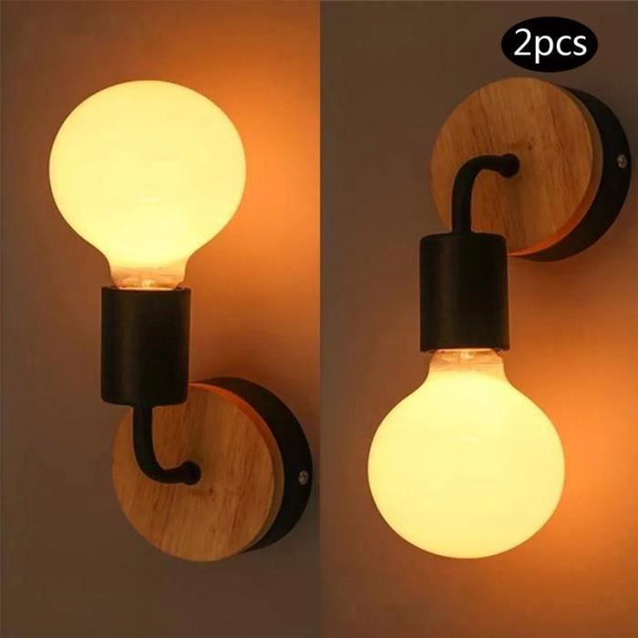 Lots de 2 Appliques Murales Rétro en Bois Lampe Murale Noir E27