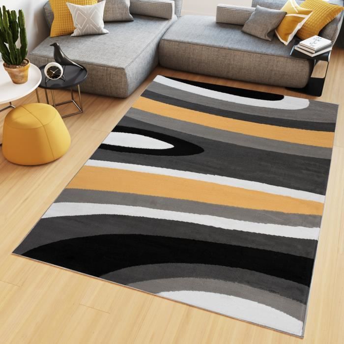 tapiso maya tapis salon chambre ado moderne geometrique ondes orange noir gris blanc fin 200 x 300 cm cdiscount maison