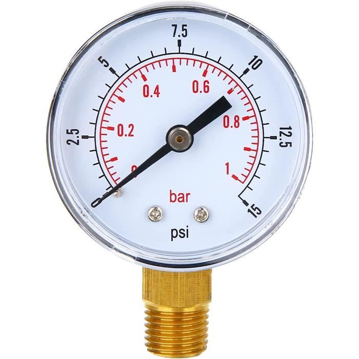 Manomètre Basse Pression 0-15 Psi / 0-1 Bar - Filetage BSPT 1/4" - Pour Air, Eau, Huile - Diamètre 52 Mm