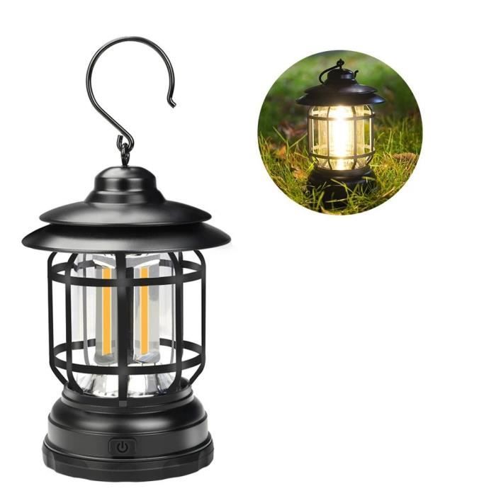 Lanterne Tempête Vintage - LED - Rechargeable - 300 Lumens - Luminosité Réglable - Noir