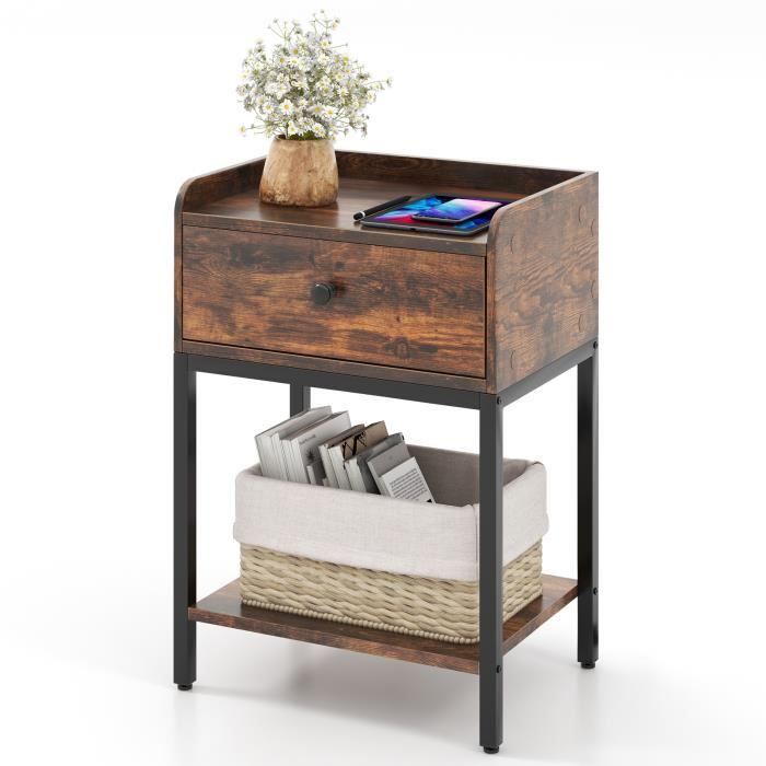 COSTWAY Table de Chevet en Métal avec Station de Recharge Tiroir et Étagère pour Chambre Salon Marron 42 x 30 x 60 cm COSTWAY Table de Chevet en Métal avec Station de Recharge Tiroir et Étagère pour Chambre Salon Marron 42 x 30 x 60 cm