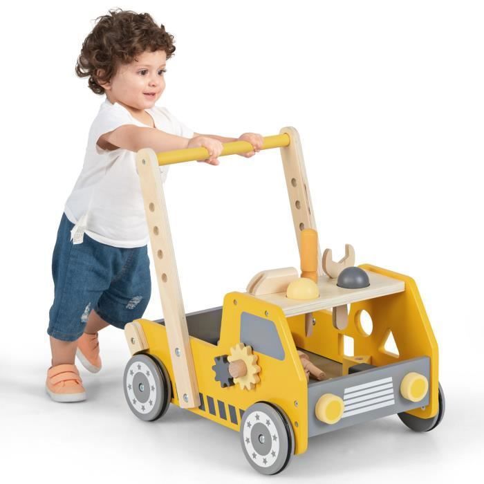 COSTWAY 7 En 1 Chariot De Marche En Bois Avec Centre De Jouets, Miroirs, Blocs Et Engrenages Trotteur Pour 1 An Jouet Montessori