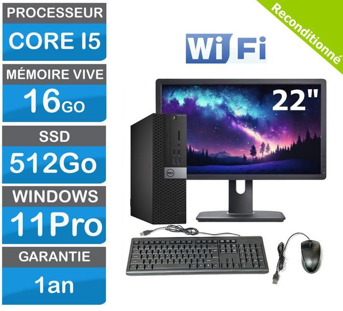 Économisez sur votre achat: PC complet avec écran 22 i5 6th gen 16 Go RAM SSD 512 Go - Dell