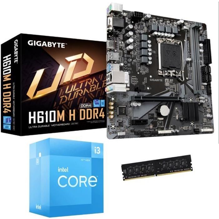 Kit Upgrade évolution PC 12ème Génération - Carte mère Gigabyte + Processeur Intel Core i3 + Barrette RAM 8 Gigas