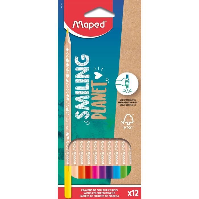 Maped - Crayons de Couleur Smiling Planet en Bois Naturel Certifiés FSC - Crayons de dessin pour Enfants - Crayon de Coloriage