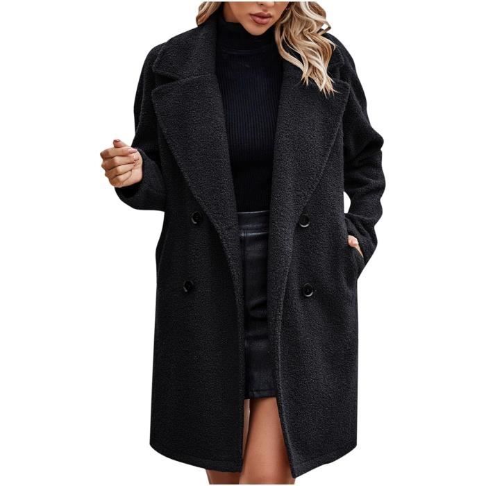 Manteau Femme Hiver long épaississement et velours gardant au chaud  décontracté avec chapeau @Noir