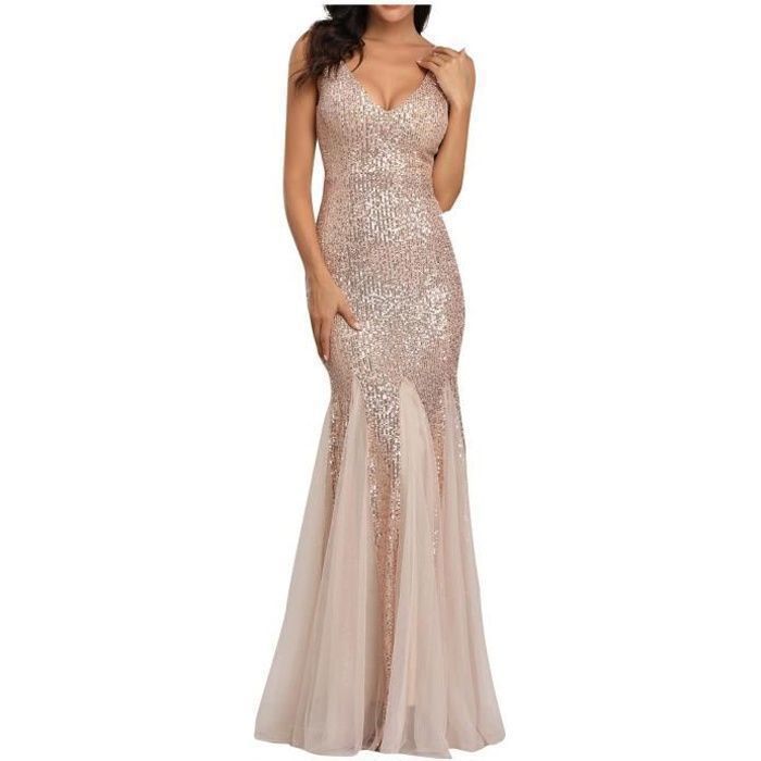 Robe de soir?�e sir?�ne sexy sans manches ?� paillettes et col en V pour femmes x27199 D'or 