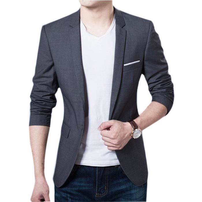 Blazer Homme Slim Fit Veste de Costume Homme Veste de Smoking Homme Simple Poitrine Bouton pour Mariage Business Fete Gris
