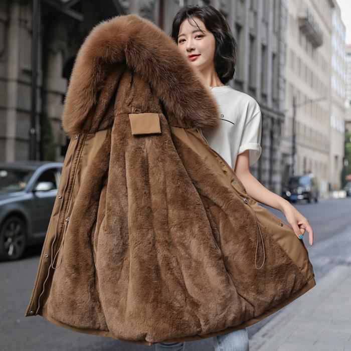Parka Femme Col Fourrure Capuche Veste Longue Doublure Polaire