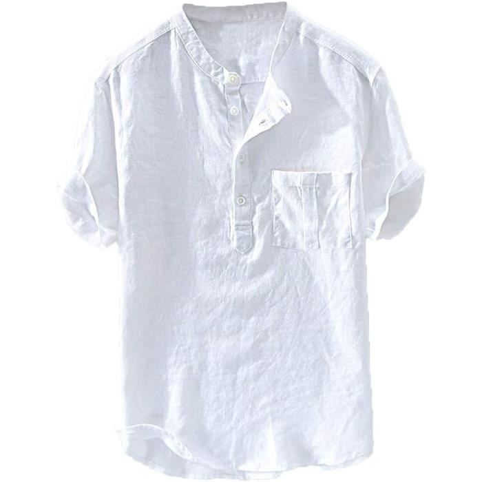 chemise - chemise chemise en lin homme casual chemise en coton homme uni couleur blanc