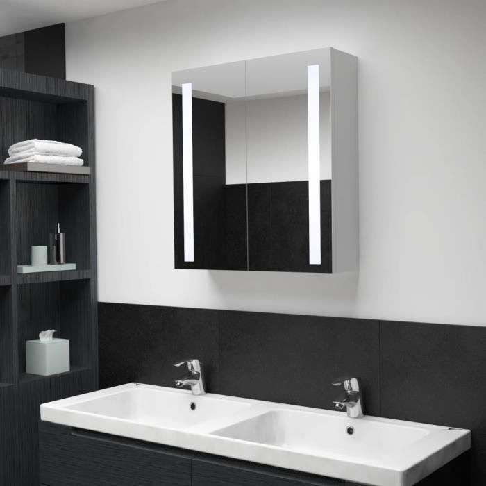 armoire de salle de bain à miroir led ovonni - blanc - 60x14x62 cm - 2 portes - 3 étagères