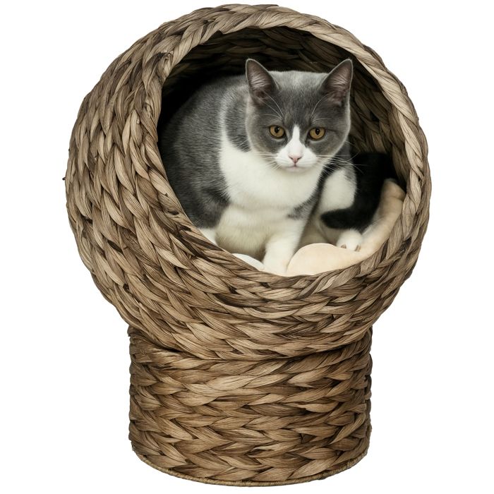 Panier chat - PawHut - lit surélevé cosy niche grotte grand confort coussin moelleux - bois lin - 40x37x51cm - beige