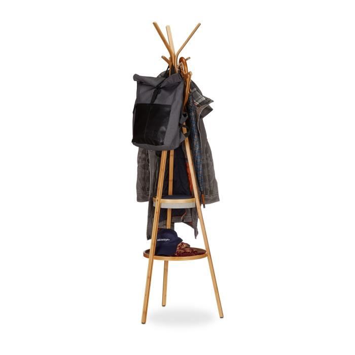 Relaxdays Porte-manteau en bambou avec plateau porte-serviettes rangement 3 bras 6 crochets HxlxP: 171x50x50 cm, nature