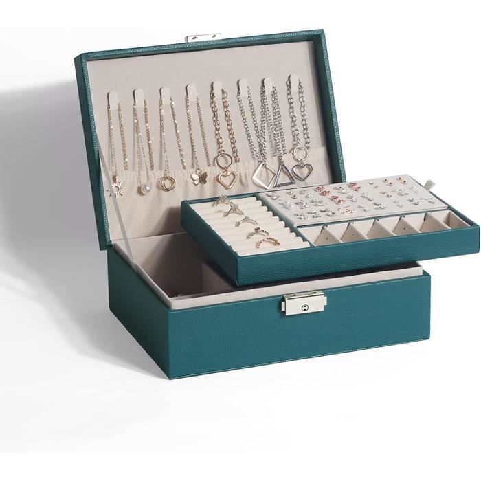 Boîte à Bijoux Femme 2 Niveaux Rangement élégante - 14 Compartiments Velours - Serrure à Clé Noir Pahajim