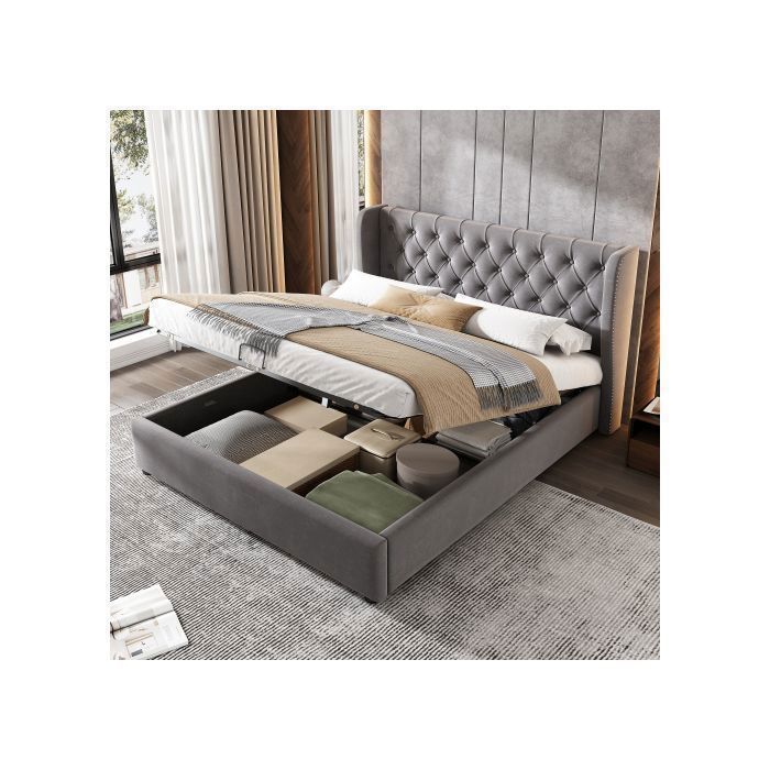 Lit coffre 140x190 cm Lit double Lit avec sommier à lattes espace de rangement Gris