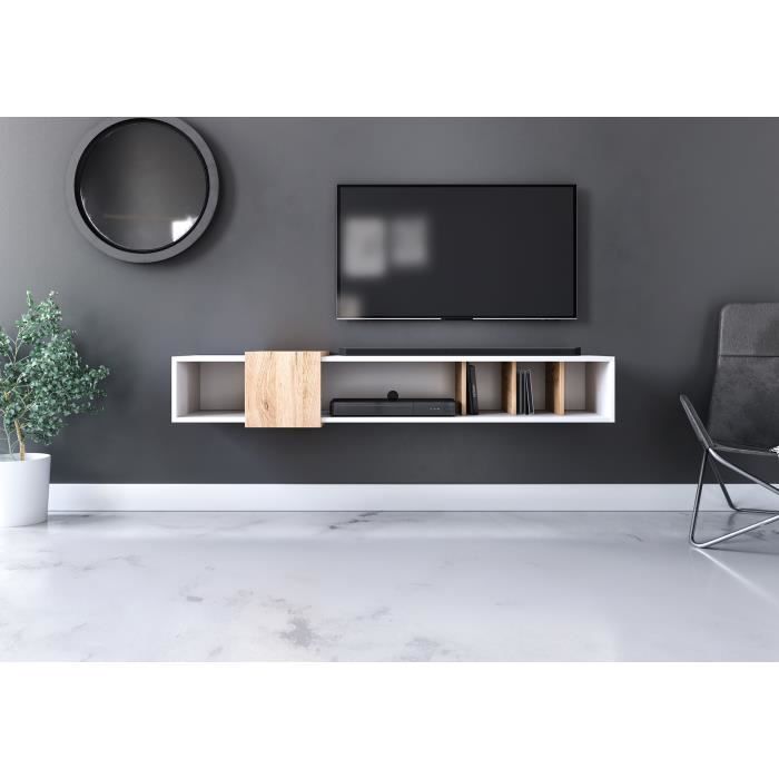 VIVALDI Meuble TV - RONDA - 150 cm - blanc mat / chêne craft or