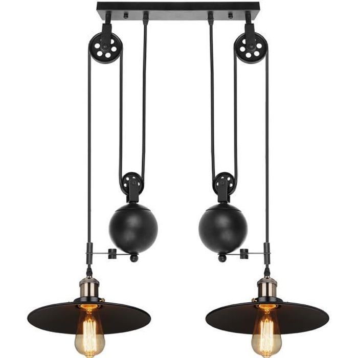UNI Suspension Lustre en Poulie 2 Tête Plafonnier Luminaire Noir pour Cuisine Salon Chambre Café Bar