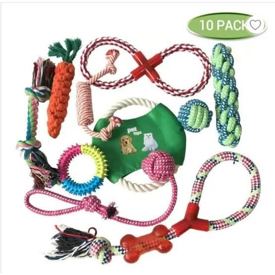 Comparer les prix de Lot de 10 jouets pour chien Jouets interactifs pour chien 100 % coton Durable Jouet à mâcher indestructible Laisse de dentition pour