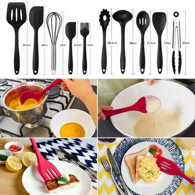 Set De 10 Ustensiles De Cuisine En Silicone Et Acier Inox - Marque AVANA, Noir, Va Au Lave-vaisselle