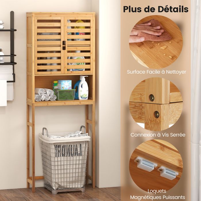 Armoire Bambou COSTWAY 64x27.5x80cm - Avec Portes Persiennes Et étagère - Pour Salle De Bain, Salon, Cuisine