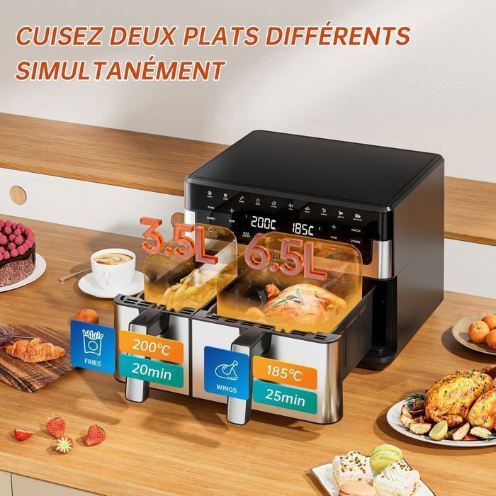 Friteuse sans huile Dewelling XXL Friteuse à Air Chaud à Double Chambre (4L + 7L) – 2600W Airfryer avec 10 Programmes