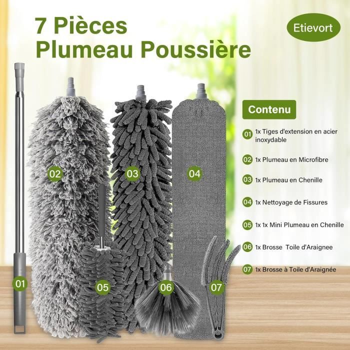 Euleryoo Kit 5 Pièces Plumeau Télescopique 250cm - Microfibre Lavable - Pour Plafonds Et Coins