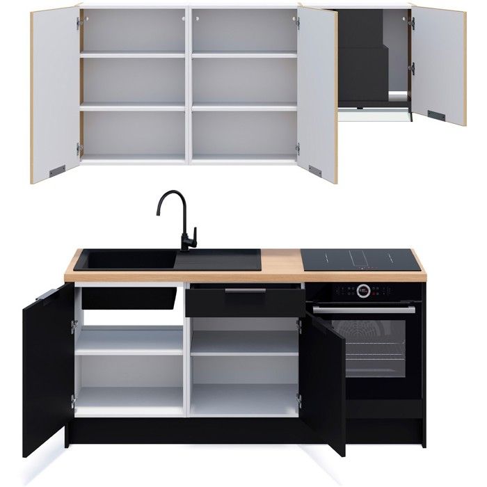 Ensemble de 6 meubles de cuisine - L. 185 cm - noir et chêne clair