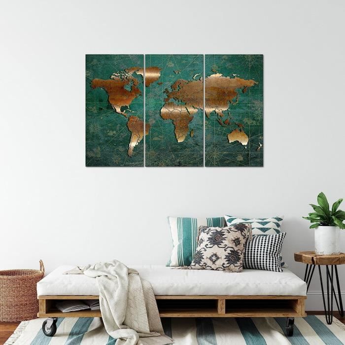 Runa Art Wereldkaart Schilderij XXL - Bruin Antiek Wijnoogst 120x80 Cm 3-Delig - Muurdecoratie