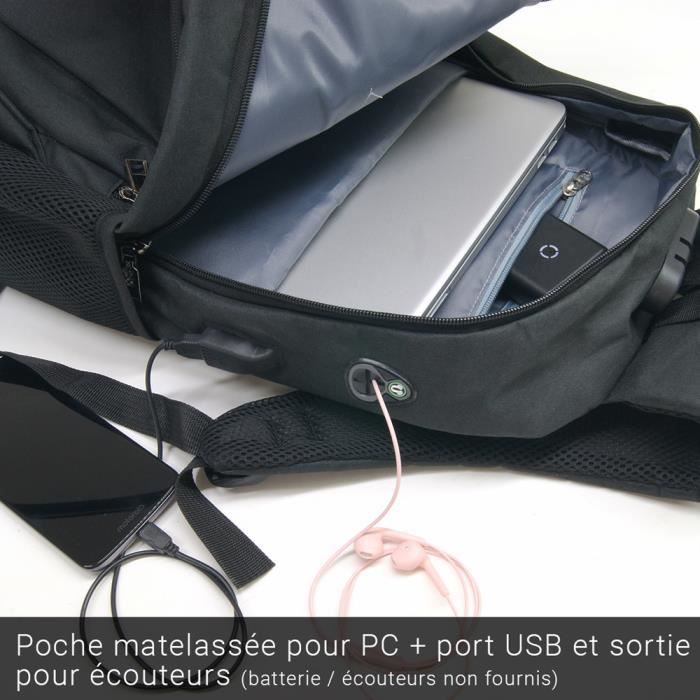 Sac à Dos Waytex USB - Ordinateur 15 Pouces - Imperméable - Port USB Et Audio Jack - 16L Noir