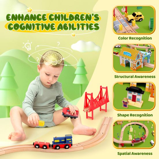 108Pcs Ensemble Train Enfant en Bois Montessori-TTLIFE-Voiture Enfant Train,avec 4 Wagons et Rails, Cadeau de Noël Jeux - Jeux - Jouets