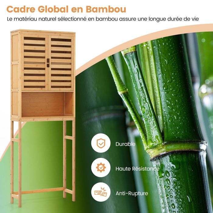 COSTWAY Toiletkast van bamboe, toiletrek met 2 lamellendeuren COSTWAY Toiletkast van bamboe, toiletrek met 2 lamellendeuren