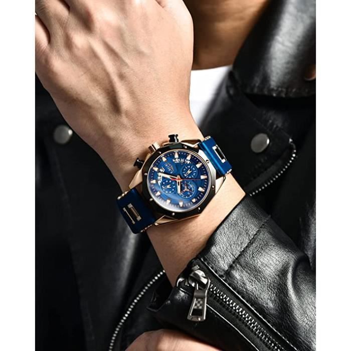 Montre Chronographe Homme Lige - Boîtier Carré Noir Acier - Etanche 50m - Quartz