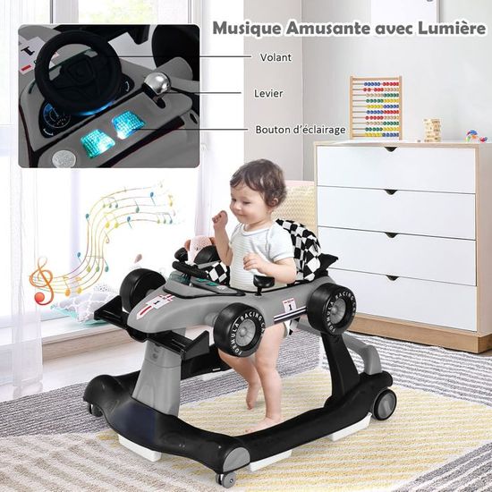 GOPLUS Trotteur Bébé 4 En 1 Pliable – Bleu, Musique & Lumières, 3 Hauteurs, 6-12 Mois