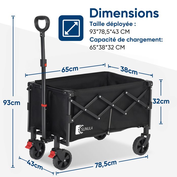 SUNULA Chariot Pliable 80L 100KG - Ultra Léger 5.8KG Tout-Terrain Avec Freins Double, Idéal Camping Shopping Pique-Nique Bleu