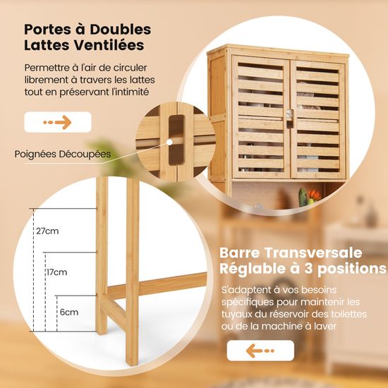 Meuble Rangement Au-Dessus Toilettes Bambou COSTWAY - Étagère Salle De Bain 2 Portes + Étagère Ouverte, Organisateur Gain De Place Naturel Avec Anti-Basculement