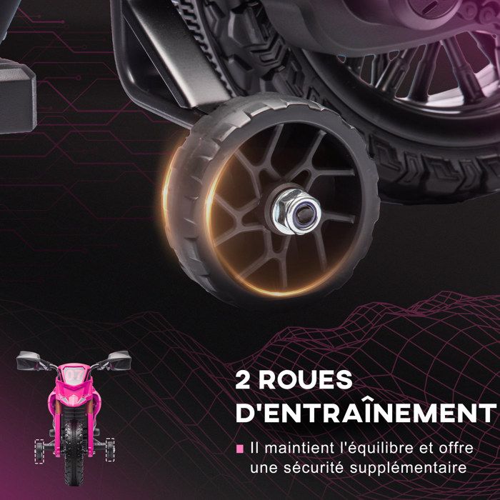 AIYAPLAY Moto électrique Enfants, Moto Cross pour Enfants avec Batterie 6 V, 2 Moteurs, klaxon et Roues d'entraînement, 3 à 8 Ans, Charge 30KG, Rose