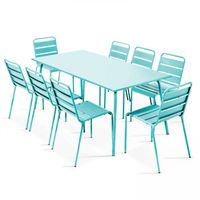 Table de jardin et 8 chaises en métal turquoise