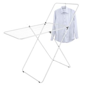 IDMarket Séchoir à Linge Pliable Deluxe 22 M – Barre Penderie Intégrée, Imitation Bois & Blanc, 4 Roulettes