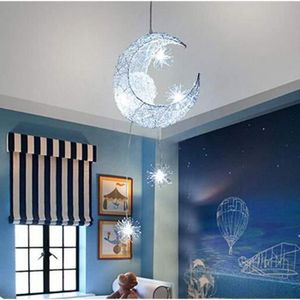 LUSTRE ET SUSPENSION Lune étoiles Suspension Lustres plafonnier avec 5 ampoules pour enfants Chambre (Lumière blanche froide)