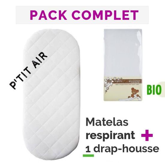 Pack Complet P’TIT AIR Matelas Couffin Nacelle Berceau Respirant 74 x 28 x 2,5cm + Un Drap-Housse Bébé 100% BIO Usage Mixte - Blanc