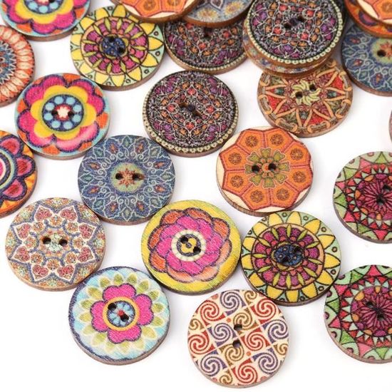 Lot De 100 Boutons En Bois Multicolores 20 Mm | Motifs Rétro, Floraux, Géométriques | Pour Couture, DIY, Décoration | Résine Lisse - 2