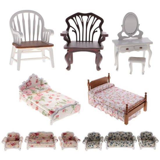 Ensemble de meubles Miniatures pour maison de poupée, fauteuil, coiffeuse, lit, canapé à fleurs, 1:12 SET DE SOIN - STB16116